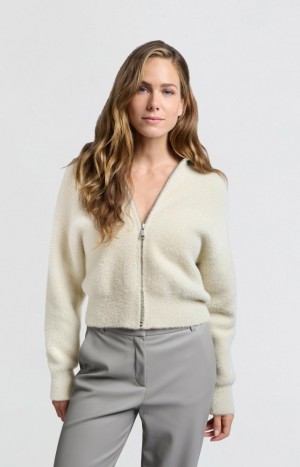 Cardigan YAYA Fluffy with leather collar and zipper closure Femme Blanche | NMFRDLZ-26