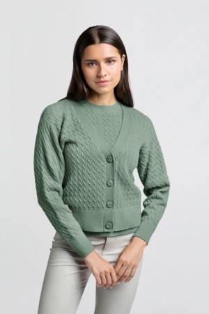 Cardigan YAYA with cable pattern, long sleeves and deep V-neck Femme Vert | INPDCMS-53