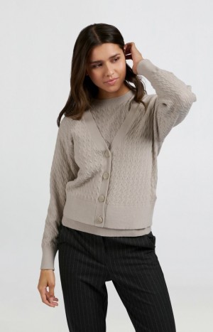 Cardigan YAYA with cable pattern, long sleeves and deep V-neck Femme Grise | HJZOVPQ-86