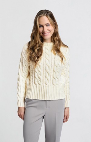 Chandails YAYA Cream-colored cable with round neck and long sleeves Femme Blanche | QEZNXDC-62