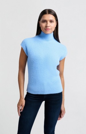 Chandails YAYA Fluffy sleeveless with high neck and fitted fit Femme Bleu | HRAIUGQ-19