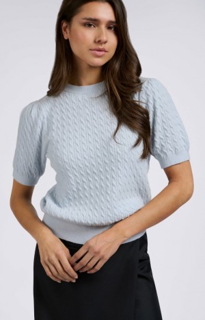 Chandails YAYA Knitted with short sleeves and cable pattern Femme Bleu | OMXFWNA-24