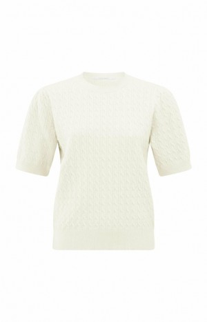 Chandails YAYA Knitted with short sleeves and cable pattern Femme Blanche | ZRLDXOY-74