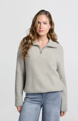 Chandails YAYA Oversized with classic collar and half zipper Femme Grise | AZTDPCE-79