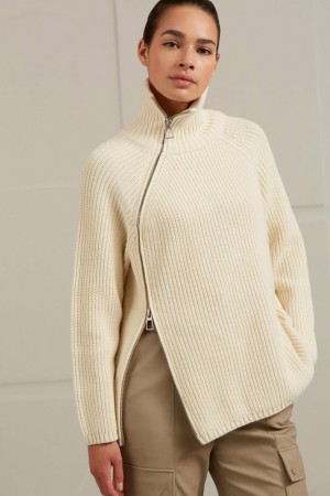 Chandails YAYA Ribbed with turtleneck, long sleeves and zip Femme Blanche | NKVDSUY-53