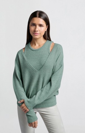 Chandails YAYA Soft V-neck with matching top in loose fit Femme Vert | VUZBYFQ-73