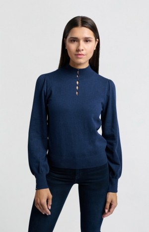 Chandails YAYA Soft turtleneck with button details and balloon sleeves Femme Bleu | QCLAFVZ-14