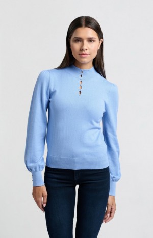 Chandails YAYA Soft turtleneck with button details and balloon sleeves Femme Bleu | LQGUNSY-17