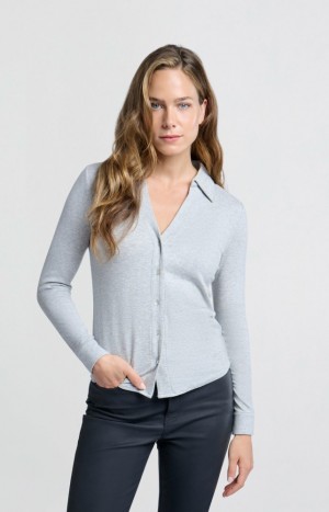 Chemisier YAYA Jersey with long sleeves, classic collar and buttons Femme Grise | FCULPMG-65