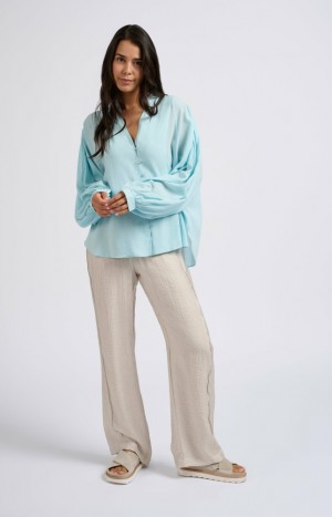 Chemisier YAYA Oversized with V-neck, big balloon sleeves and button Femme Bleu | JIXMYCV-26