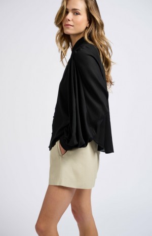 Chemisier YAYA Oversized with V-neck, big balloon sleeves and button Femme Noir | HLWVZQU-84