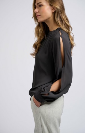 Chemisier YAYA Woven top with long balloon sleeves Femme Grise Foncé | QHUNLGY-40