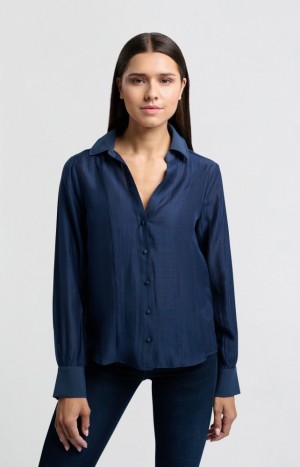 Chemisier YAYA with V-neck, long sleeves and contrast collar Femme Bleu | YRXEIGJ-97