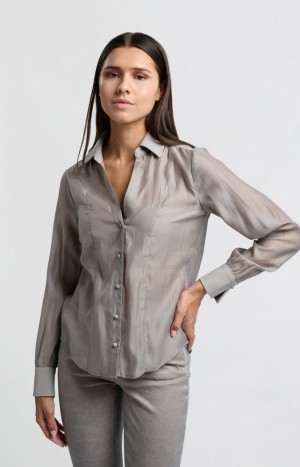 Chemisier YAYA with V-neck, long sleeves and contrast collar Femme Marron | SWBXUZN-90
