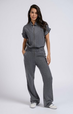 Combinaison YAYA Denim short sleeves, wide legs and zipper Femme Bleu | KXHSVNZ-71