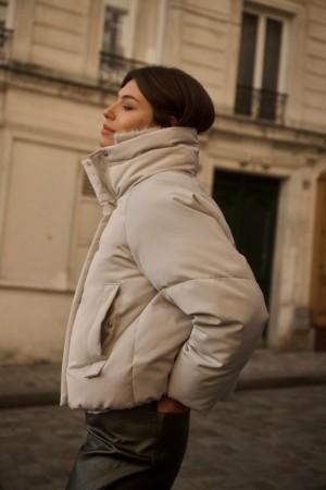 Manteaux YAYA Cropped oversized puffer jacket with high collar and pockets Femme Grise | IJRPWEO-04