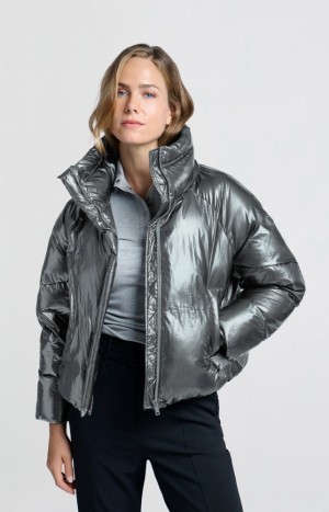 Manteaux YAYA Metallic oversized puffer with high collar and pockets Femme Argent | NQYPSLU-68
