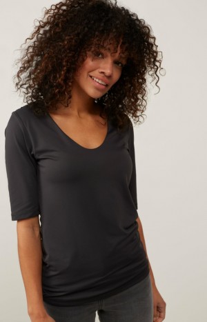 T Shirts YAYA Basic round V-neck and mid-length sleeves Femme Noir | BSXKHLG-68