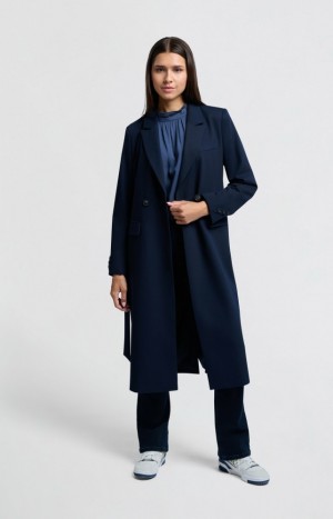 Vestes YAYA Long woven Coats with belt Femme Bleu | PMWGXJB-50